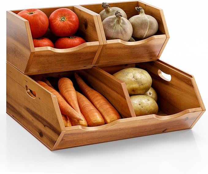 HOLANA Acacia Wood Potato and Onion Storage Bin, Potato Storage, Pantry Baskets, Vegetable Storage, Onion and Potato Storage Bins, Wooden Pantry Bins, Stackable Potato Bins (Patent Pending)