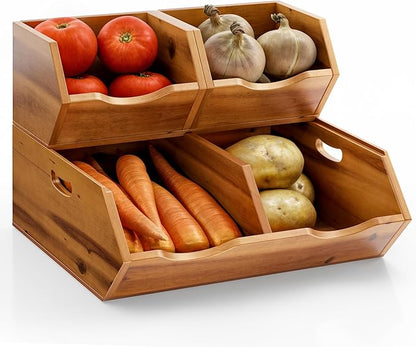 HOLANA Acacia Wood Potato and Onion Storage Bin, Potato Storage, Pantry Baskets, Vegetable Storage, Onion and Potato Storage Bins, Wooden Pantry Bins, Stackable Potato Bins (Patent Pending)