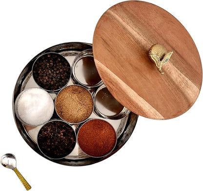 Elan Dabbahs and Days Spice Box with Stylish Lemon Knob |Stainless Steel with Wooden lid Masala Dabba | Masala Dani With 7 Containers and Small Spoon | Kitchen Spice Organiser (Antique Gold and Wood)