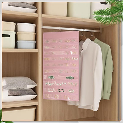 Hanging Jewelry Organizer Storage Roll, Double-Sided Necklaces Holder, 42 Pockets Plus 36 hooks Earrings Organizer Hang in Closet, On Wall, or Doors, Pink