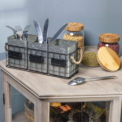 NIKKY HOME Farmhouse 3 Compartment Galvanized Flatware Cutlery Caddy Countertop Silverware Holder for Spoons, Knives, Forks - Silver