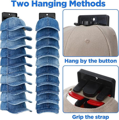Hat Organizer for Baseball Caps 2 Packs with Built Spring Clips - Wall Mount Closet Hat Rack Holder, Holds 20 Caps, Quick Insert for Door/Closet Display Hats Racks Hanger (Strong Adhesive & Screws)