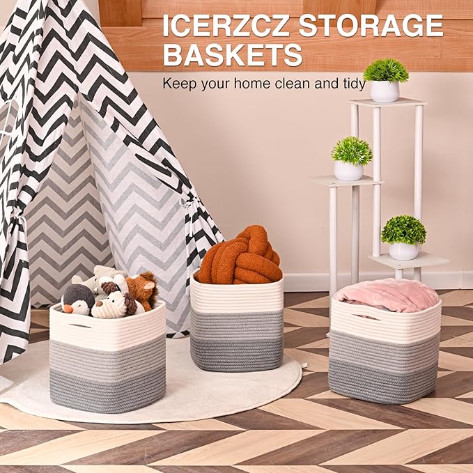 ICERZCZ 11 Inch Cube Storage Bins, Storage Cube Organizer Bins, Woven Cotton Rope Basket for Storage, Storage Baskets for Organizing Shelves, Grey Baskets for Toys, Gradient Grey (Pack of 3)