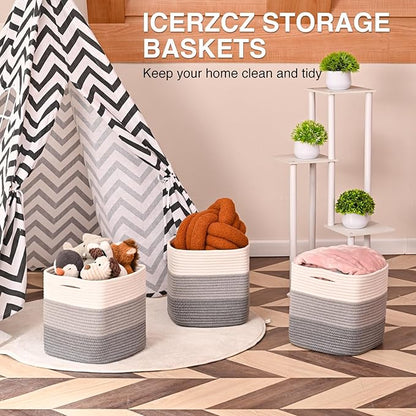 ICERZCZ 11 Inch Cube Storage Bins, Storage Cube Organizer Bins, Woven Cotton Rope Basket for Storage, Storage Baskets for Organizing Shelves, Grey Baskets for Toys, Gradient Grey (Pack of 3)