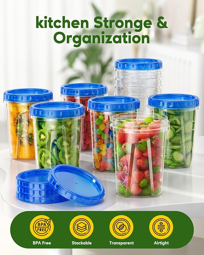 Canfanni 10 Pack-33oz Freezer Storage Containers Set, Plastic Food Storage Containers with Twist Top Lids, BPA Free Stackable Soup Containers for Overnight Oats/Salad/Leftover/Soup/Ice Cream