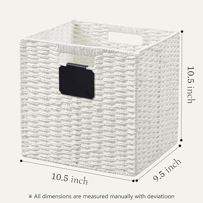 UBBCARE 2 Pack Wicker Basket, 10.5×10.5 Storage Cubes with Label, Foldable Cube Storage Bin with Handle, Square Storage Basket for Shelves, Woven Paper Rope Basket for Organizing, White