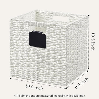 UBBCARE 2 Pack Wicker Basket, 10.5×10.5 Storage Cubes with Label, Foldable Cube Storage Bin with Handle, Square Storage Basket for Shelves, Woven Paper Rope Basket for Organizing, White