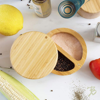 Totally Bamboo Salt Keeper Duet – Bamboo Salt Cellar with Dual Compartments for Salt and Pepper or Spices, Magnetic Swivel Lids, Natural Bamboo Salt Box, 8 Ounce Capacity