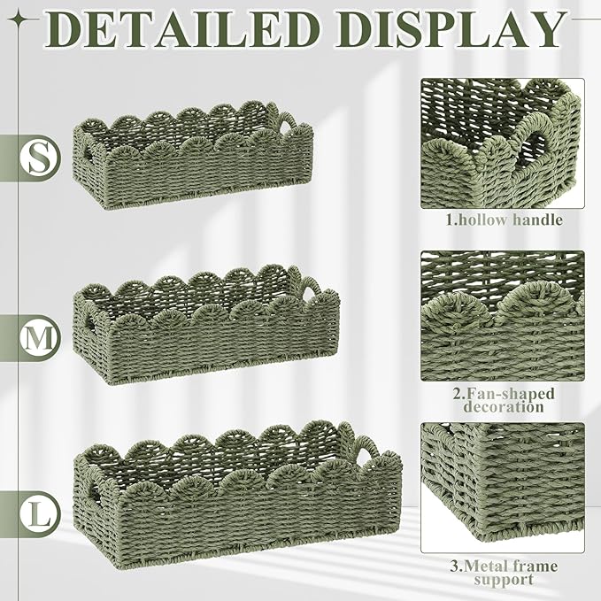 Boao 3 Pcs Boho Storage Wicker Baskets Handmade Woven Decorative Paper Rope Baskets for Organizing with Handle Countertop Toilet Paper Storage Container for Toilet Tank Top(Green,Fan-shaped)