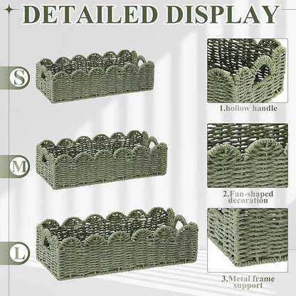 Boao 3 Pcs Boho Storage Wicker Baskets Handmade Woven Decorative Paper Rope Baskets for Organizing with Handle Countertop Toilet Paper Storage Container for Toilet Tank Top(Green,Fan-shaped)