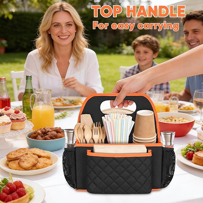 CROTIRAD Foldable Utensil Holder for Party with 9 Compartments, Paper Plate Organizer for Countertop with Top Handle, Buffet Silverware Utensil Caddy for Plate Cup Fork Spoon Napkin, Black