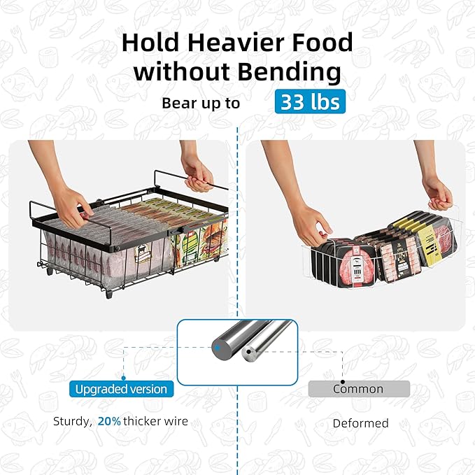 Deep freezer organizer bins-Fit 10 to 20 Cu.FT，4 Pcs stackable wire baskets for freezer，Vegetable Fruit Basket，kitchen countertop organizer，pantry organizers and storage，Expandable length 11.42-17.91"