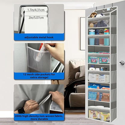 over the door organizer, Solid Bamboo Board (Not Plastic!) 6-Tier Heavy Duty 75LB, 12 Side Pockets, 3 Reinforced Hooks & Anti-Slip Pads, Waterproof & Washable, No Sagging, No Door Damage,Dusk Grey