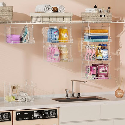 3-Tier Foldable Laundry Basket Organizer with Rotating Hooks - Space-Saving Over Washer and Dryer Shelf for Laundry Room Organization and Storage, Durable Wire Shelving Unit, White
