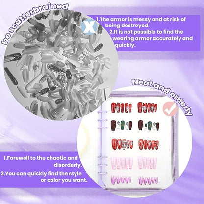 Press On Nail Storage Organizer with 4 Insert Pages - A5 Size Portable False Nail Storage Box for Collecting and Organizing Tips with Tape and Zipper Pocket (Purple)