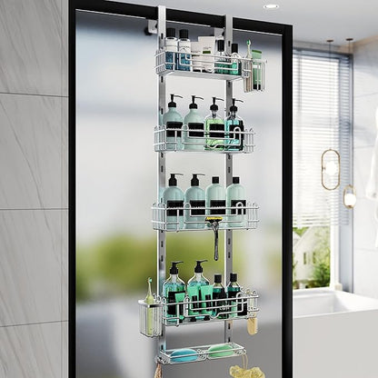 HapiRm 5 Tier Over the Door Shower Caddy, Hanging Shower Caddy with 28 Hooks and 2 Toothbrush Holders, No Drilling Adjustable Hanging Bathroom Organizer - Silver