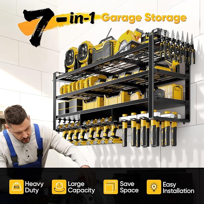 POKIPO 49" W Large Power Tool Organizer Wall Mount, 4 Layer Heavy Duty Loads 800 lbs, Tool Storage Rack Holds 12 Cordless Drills, Large Capacity Battery Holder for Garage, Gift for Men