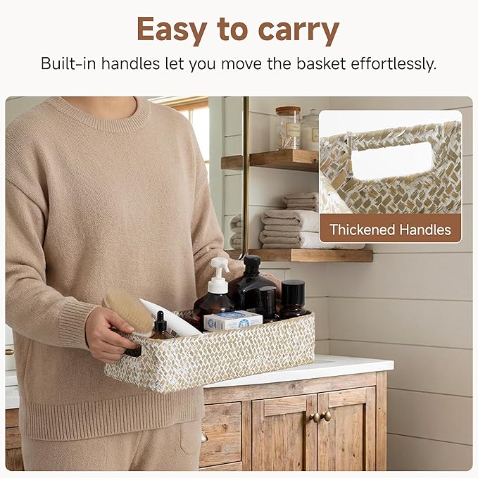 StorageWorks Wicker Toilet Paper Basket for Back of Toilet Baskets, Seagrass Bathroom Basket Organizer and Storage for Tank Topper, Small Tank Trays for Decor with Built-in Handles, Wipe White