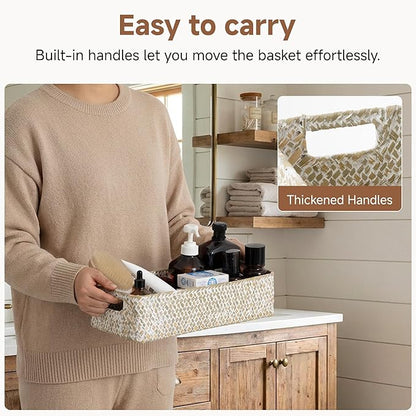 StorageWorks Wicker Toilet Paper Basket for Back of Toilet Baskets, Seagrass Bathroom Basket Organizer and Storage for Tank Topper, Small Tank Trays for Decor with Built-in Handles, Wipe White