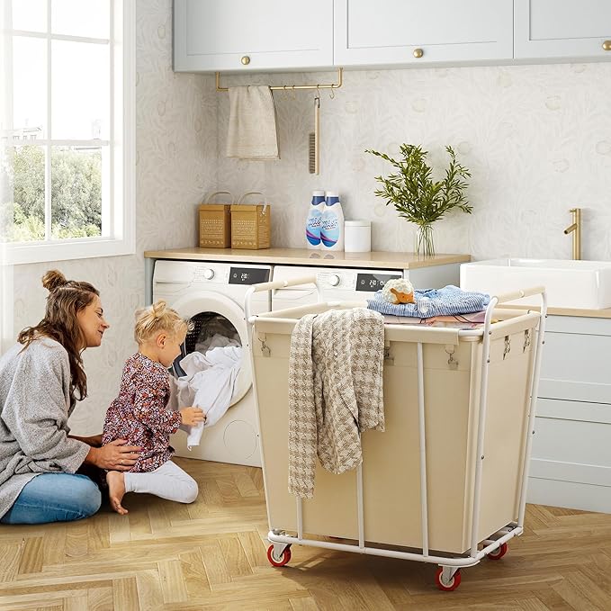 Hoctieon Large Laundry Cart with Wheels, 400L Heavy Duty Laundry Basket Organizer, Rolling Hamper Sorter for Clothes Storage, Industrial Dirty Clothes Hamper for Home & Hotel, Beige