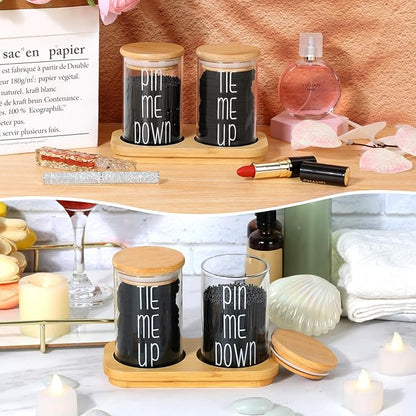 Funny Apothecary Jars 2 Pack Hair Tie Holder Organizers Bathroom Canisters with Tray Bobby Pin Holder Bathroom Jars Accessories Set with Lids for Bathroom décor Farmhouse Bathroom Storage Organization