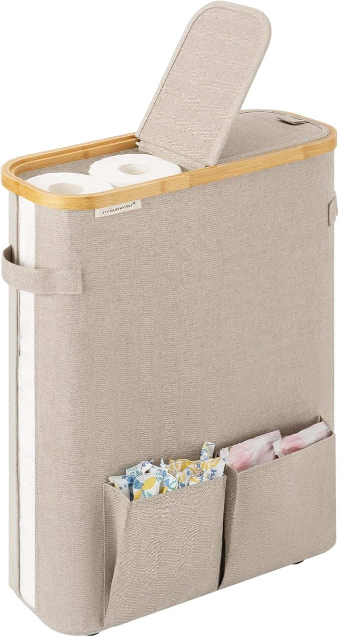 StorageWorks Toilet Paper Storage Baskets with Dual Flip Lids, Toilet Paper Organizer for Bathroom, Toilet Paper Container with Side Pocket, Holds 15 Mega or 20 Regular Rolls, Large, Light Khaki