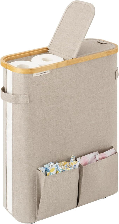 StorageWorks Toilet Paper Storage Baskets with Dual Flip Lids, Toilet Paper Organizer for Bathroom, Toilet Paper Container with Side Pocket, Holds 15 Mega or 20 Regular Rolls, Large, Light Khaki