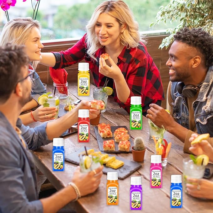 Qiuttnqn 50PCS 2oz Small Plastic Shot Bottles with White Caps,Reusable Clear Juice Containers with 10 Funnels,Empty Plastic Containers for Ginger Shots,Liquids,Beverages