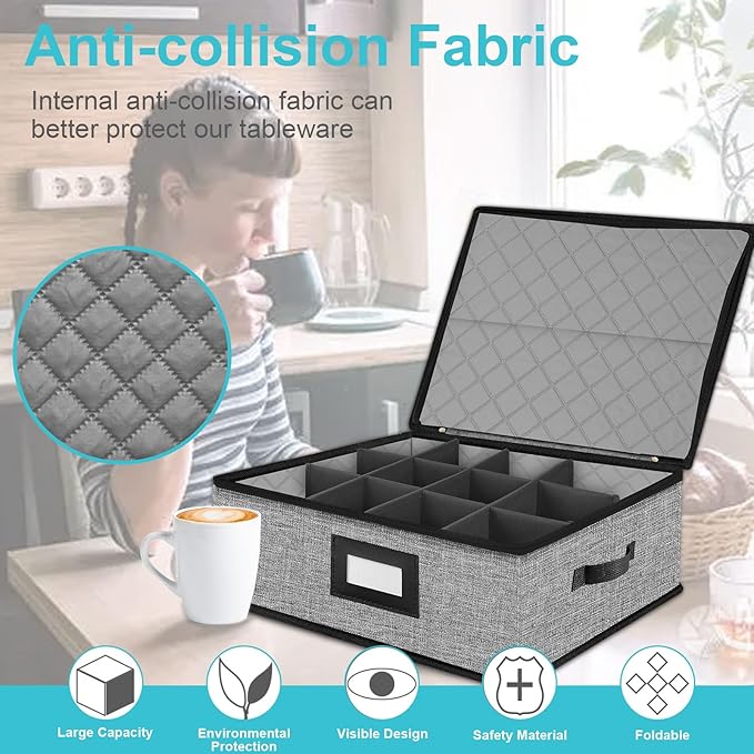 Quilted Mug Cup Storage Box-China Storage Containers Hard Shell,Cup Storage Containers with Lid for Moving Transport,Kichen Dinnerware Storage