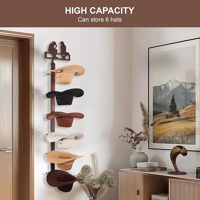 Cowboy Hat Rack Holder for Wall - Wild Western Style Design Hat Organizer with 6 Hat Hooks for Wall Mount, Hat Stand and Hanger for Storage and Organization , Gifts for Men Fathers Dad(Cowboy Lover)