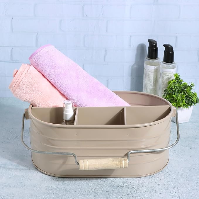 Alpha Living Home Multi-Functional Utensil Silverware Caddy - 4 Compartment Organizer for Kitchen, Party & Office – Durable Beige Powder-Coated Iron Alloy with Wooden Handle