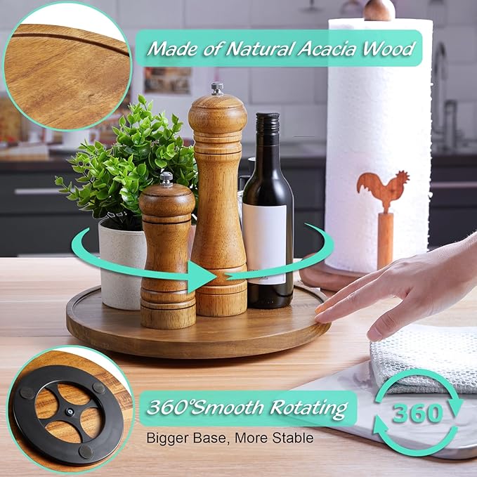 9" Acacia Wood Lazy Susan Turntable Organizer, Lazy Susan for Table Top Cabinet Dining Pantry Countertop Cupboard Organization, Decorative Tray for Kitchen Bathroom Decor Coffee Bar Accessories