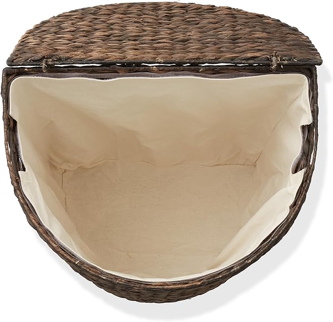Casafield Half Moon Laundry Hamper with Lid and Removable Liner Bag - Espresso Dark Brown, Woven Water Hyacinth Laundry Basket for Clothes and Towels