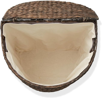 Casafield Half Moon Laundry Hamper with Lid and Removable Liner Bag - Espresso Dark Brown, Woven Water Hyacinth Laundry Basket for Clothes and Towels