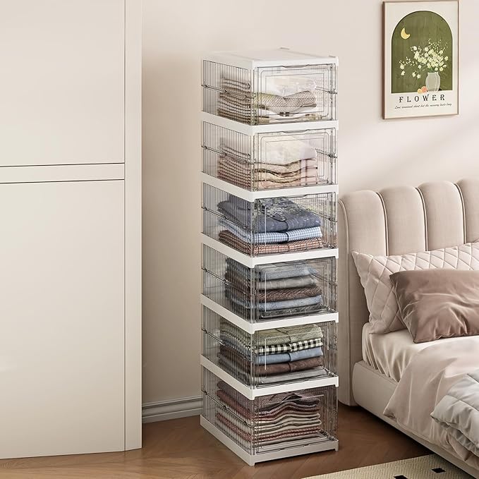 GUDEMAY Drop Front Shoe Storage Box, No Assembly Stackable Shoe Organizer Storage Bin with Door, Free Standing Shoe Shelf Cabinet with Lid, Plastic Shoe Rack for Closet Entryway