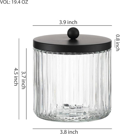 KMwares 2-Pack Glass Qtip Holder Dispenser Set - Bathroom Canister Storage Organizer for Cotton Balls, Swabs, Floss Picks, and Makeup Sponges with Matte Black Metal Lid - Clear Vanity Apothecary Jars