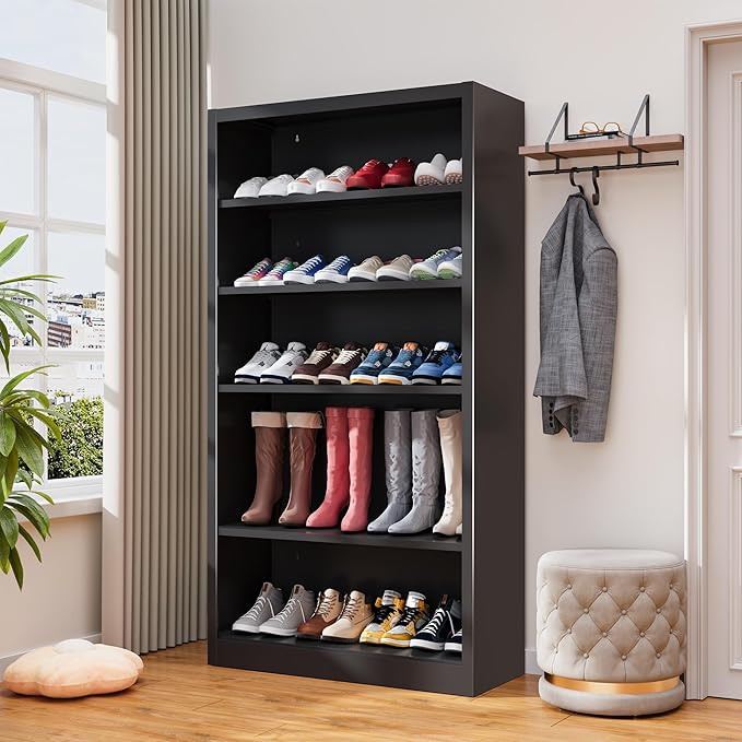5-Space Heavy Duty Steel Shoe Rack, 4-Tier Adjustable Shoe Shelf with Back Panel, 55" Tall Open Shoe Organizer for Entryway, Closet, Apartment - Sturdy Metal Shoe Storage (Black, 5 Tier-55"H*27.6W)