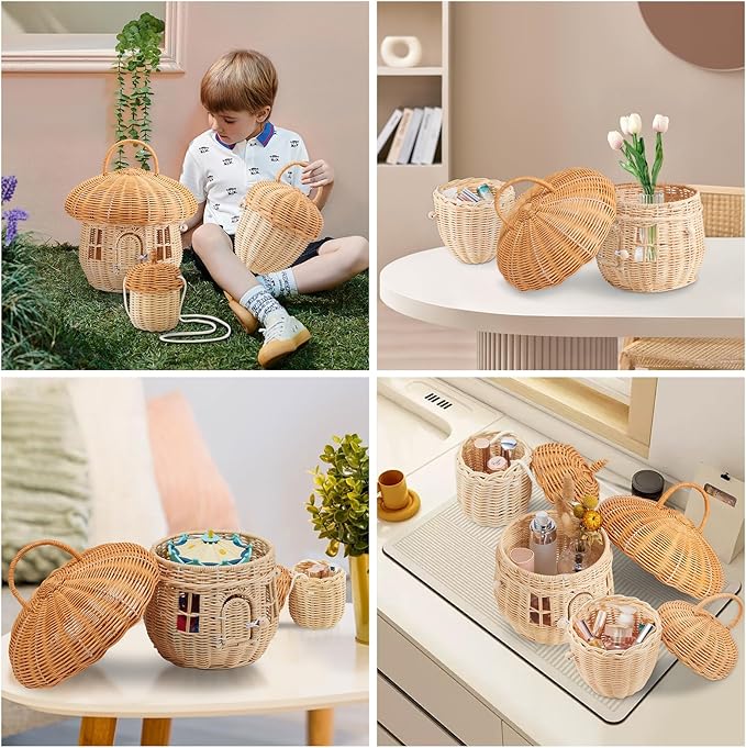 Handmade Wicker Rattan Mushroom-Shaped Storage Basket for Outdoor, Kids, Decor, Photography Props (Set of 3)