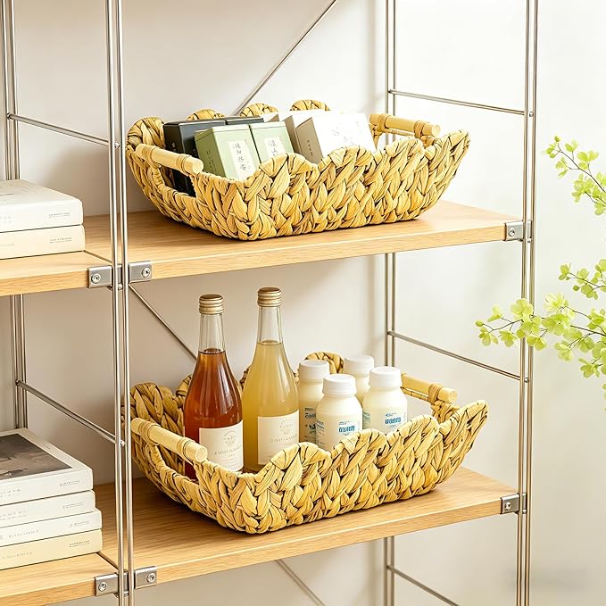 2Pack Scalloped Edge Wicker Basket,Hand-Woven Rattan Baskets with Wooden Handles,Natural Water Hyacinth Basket for Laundry,Shelves,Gift Basket