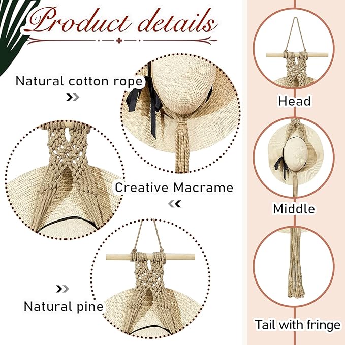 Yulejo Macrame Hat Hangers Racks Boho Cowboy Hats Holders Western Display Organizer Storage decor Back of Door for Wall