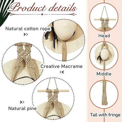 Yulejo Macrame Hat Hangers Racks Boho Cowboy Hats Holders Western Display Organizer Storage decor Back of Door for Wall