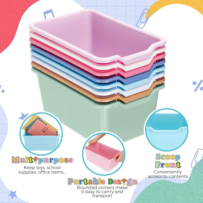 Dandat 16 Pcs Plastic Book Bins for Classroom Library Cubby Bins Scoop Front Stackable Toy Storage Tubs Containers for School Office Home Nursery Playroom Organization (Pastel Color)