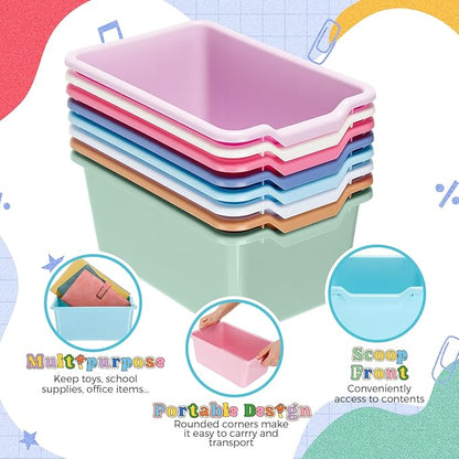 Dandat 16 Pcs Plastic Book Bins for Classroom Library Cubby Bins Scoop Front Stackable Toy Storage Tubs Containers for School Office Home Nursery Playroom Organization (Pastel Color)
