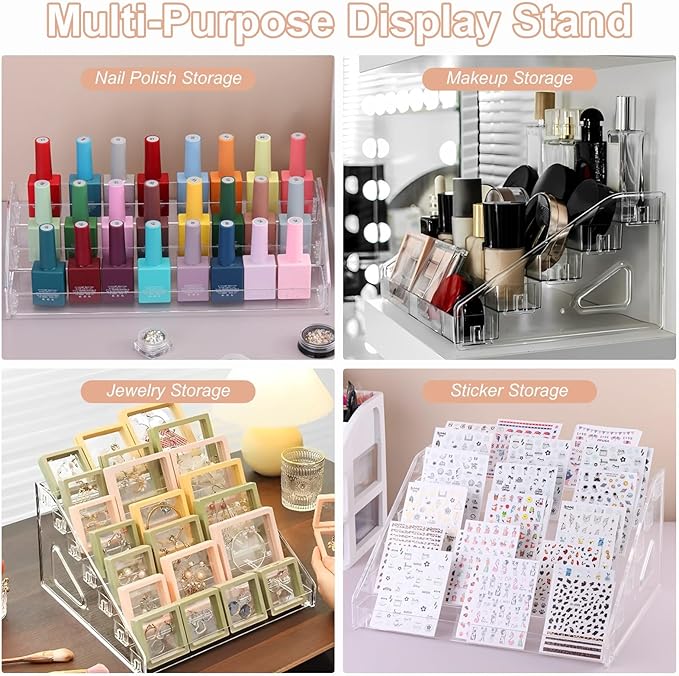 SUTOKAKA Nail Polish Display Organizer Clear Acrylic Eyeglasses Holder Essential Oil Storage Rack Makeup Stand Tray (3 Layer)