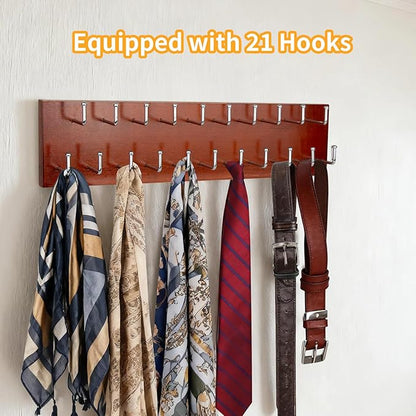 Belt Organizer Holder Wooden Belt Hanger for Closet Wall Mount Belt Storage Rack Tie Bra Scarf Hanger Holds Over 40 Large Belts (Brown)