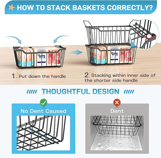 SUNALLY Freezer Organizer Bins, 8 Pack Stackable Chest Freezer Organizer for 5-7 Cu.FT Deep Freezer Sort Frozen Meats and Food, Freezer Storage Baskets with Handles Easy Reach from Bottom, Black