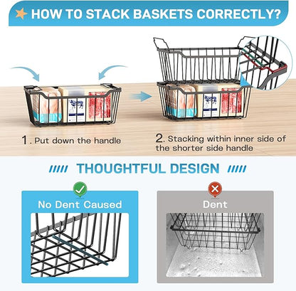 SUNALLY Freezer Organizer Bins, 8 Pack Stackable Chest Freezer Organizer for 5-7 Cu.FT Deep Freezer Sort Frozen Meats and Food, Freezer Storage Baskets with Handles Easy Reach from Bottom, Black