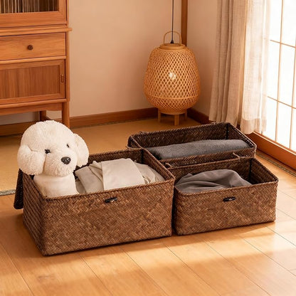 Nonam Seagrass Storage Baskets with Lid Set of 3,Wicker Basket Storage Bin for Shelves,Rectangular,Boho Decor,Handwoven Shelf Basket for Organizing-Storage Container Box for Home Organization-Coffee