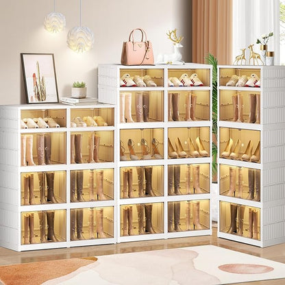 CIMLORD 4-Tier Foldable Shoe Rack Organizer for Closet 16Pairs Plastic Collapsible Shoes Storage Box Clear Shoe Boxes Stackable with Door Easy Assembly Shoe Cabinet Bins with Lids Large