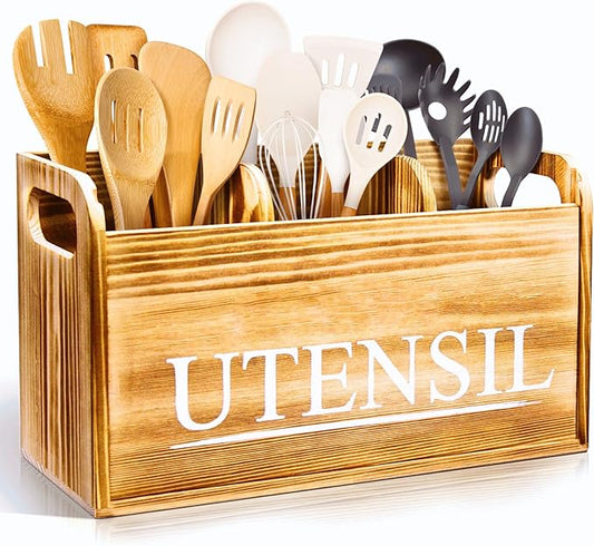Kitchen Utensil Holder Rustic Large Wooden Utensil Organizer Cooking Tools Storage (Farmhouse Wooden)
